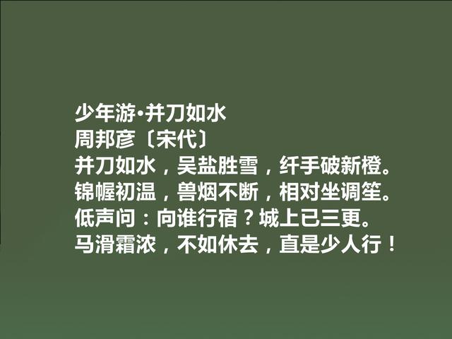 北宋著名词人，婉约派集大成者，周邦彦词，音乐感十足，真美